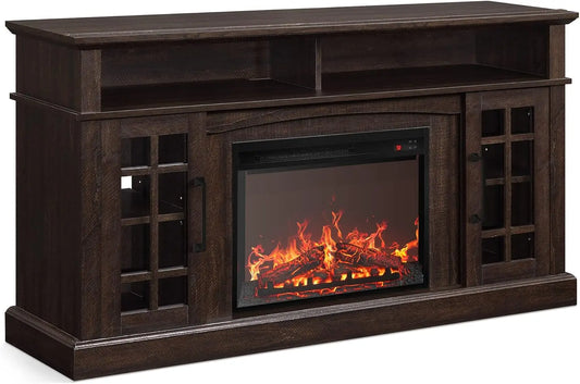 58" Rustic TV Stand w/ 23" Electric Fireplace Heater w/Sound, for TV up to 65" with Open Storage Shelves & Cabinets - Espresso