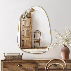 PERFNIQUE Irregular Wall Mirror Asymmetrical Mirror, 28''x20'' Golden Wood Framed Mirror for Bathroom Bedroom Living Room Entryw