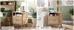 Groove Bedside Table with Charging Station, Artificial Marble Countertop, 2 Drawer Side Tables with Storage Space