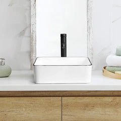 Ceramic Rectangular Bathroom Vessel Sink, 19'' X 15'' Above Counter Porcelain Small Sink, White Body With Black Trim On The Top