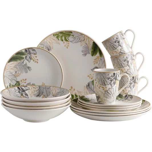 Dinnerware Set 16-pieces Earthenware, Natural, Ceramic Sets for 4, Microwave and Dishwasher Safe