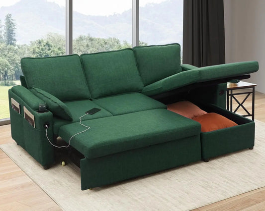 Sofa Bed Pull Out 2 in 1 Sectional Sleeper Couches w/ Storage,USB,Cup Holder,Pullout Sectional Couches for Apartment Living Room