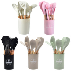 12Pcs Kitchen Utensil Set Silicone Spatula Set Wooden Handle Heat-Resistant Cookware Spatula Spoon Brush Whisk for Kitchen