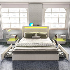 Full Bed Frame with RGBW LED Lights Headboard & 4 Storage Drawers, Upholstered Smart Platform Bed with USB & USB-C Ports