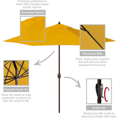 9' Rd Sunbrella Aluminum Patio Umbrella, Crank Lift, Auto Tilt, Bronze Pole, Sunflower Yellow