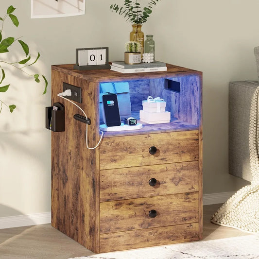 Nightstand with Charging Station and 3 Drawers, LED Lights End Side Table with Interchangeable sockets and Hooks