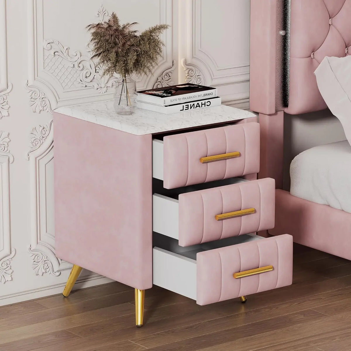 3-drawer Bedside Table with Metal Legs and Handles, Cushioned Bedside Table with Artificial Marble Countertop