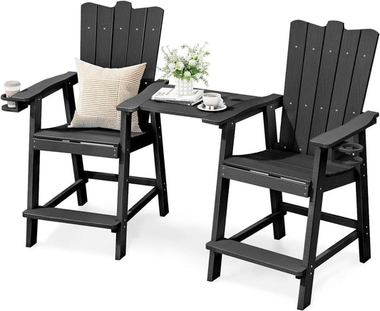 Tall Balcony Chair Set of 2, Patio Adirondack Chairs with Removable Connecting Trays, Outdoor  CupHolder and Umbrella Hole