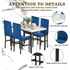 Dining Table Set for 4- Space Saving Kitchen Table and Chairs for 4, Modern Style Faux Marble Tabletop & 4 Blue Velvet Chairs