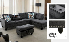 Sectional Sofa with Ottoman Nail-Head Design Linen Right Facing Modern Couches with Cup Holder L Shaped Sectional Sofa