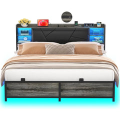 Queen Size Bed Frame with Charging Station and Cool LED Lights, Sturdy Platform Bed with Upholstered Storage Headboard