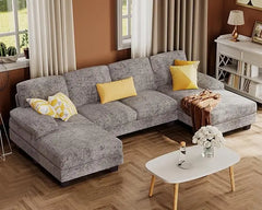 Convertible Sectional Sofa Couch, 4 Seat Sofa Set U-Shaped Modern Fabric Modular Sofa Sleeper with Double Chaise & Memory Foam