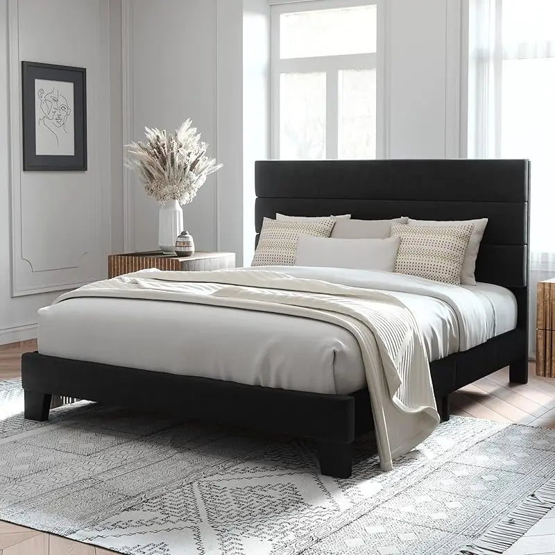 Allewie Queen Size Platform Bed Frame with Fabric Headboard and Wooden Slats Support,Fully Upholstered Mattress Foun