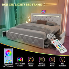 Bed Frame with 4 Drawers and LED Light, Charge Station, PU Leather Upholstered Platform Storage Bed with Adjustable Headboard