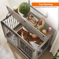 Dog Crate, End Table with Wheels and Flip Top Plate Dog House with Detachable Divider and Sliding Barn Door, Dog Crate