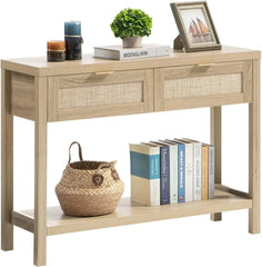 Console Table Set of 2 - Boho Entryway Table with Rattan Drawers, 2 Tier Shelf, Narrow Long Sofa Tables for Living Room