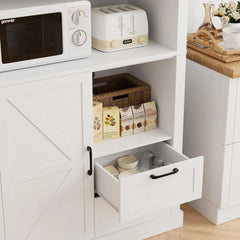 Farmhouse Kitchen Pantry Cabinet with Drawers & Shelves, Wood Storage Cabinet with Barn Doors & Microwave Stand, Cabinets