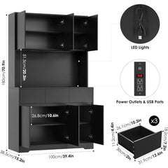 71'' Tall Kitchen Pantry Storage Cabinet with Power Outlets and Led Lights,Large Kitchen  Buffet Cabinet with Microwave Stand