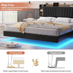 California King Floating Bed Frame with Hidden Storage Headboard and Charging Station Floating Platform Bed with Led Lights