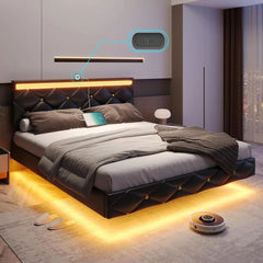 Floating Bed Frame King Size with Led Lights and USB Ports,Faux Leather Platform King Bed Frame with Headboard Easy To Assemble