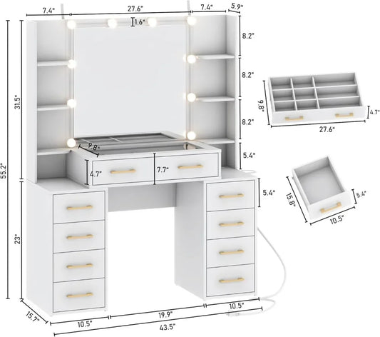 Glass Top Vanity Desk with Mirror & Lights, Large Vanity Makeup Mirror Desk with Charging Station & Compartment Storage Drawers,