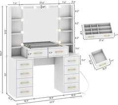 Glass Top Vanity Desk with Mirror & Lights, Large Vanity Makeup Mirror Desk with Charging Station & Compartment Storage Drawers,