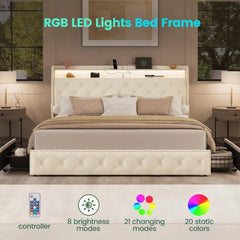 King Size Bed Frame with LED Lights & USB Charging Station, Upholstered Platform Bed with Storage Headboard and 4 Drawers,Beige