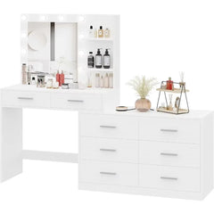 65" Vanity Desk, 8 Drawers Makeup Vanity Table with Storage Shelf, Modern Dresser with Mirror, Dressing Table for Bedroom