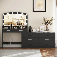 Irontar Vanity Desk with Large Mirror and 3-Color Lights, Makeup Vanity with 8 Drawers & Open Shelf, Side Cabinet