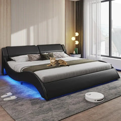 Bed Frame, King with Headboard and LED Lights, Contemporary Faux Leather, Wavy Curve Bed Frames, Platform Bed Frame