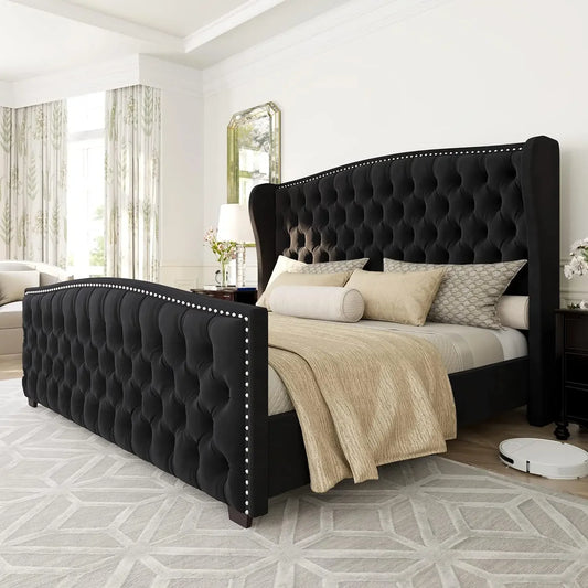 King Size Platform Bed Frame, Velvet Upholstered Bed with Deep Button Tufted & Nailhead Trim Wingback Headboard, Bed Frames