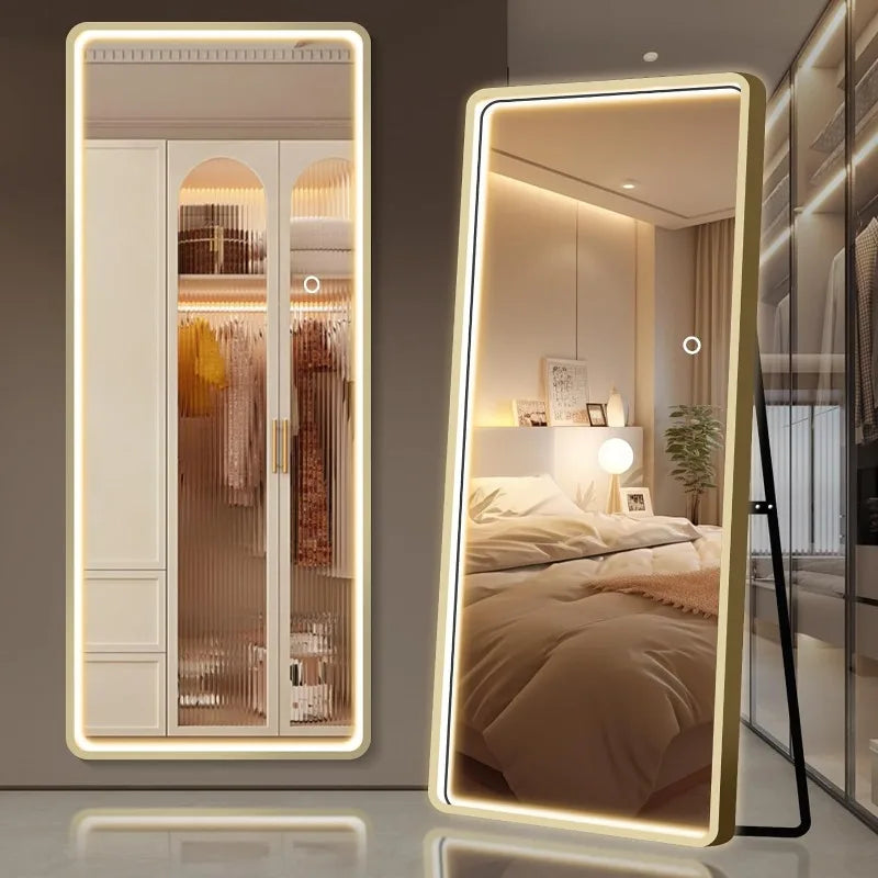 Full Length Standing Mirror with LED Lights,3 Colors Dimmable Lighting Round Rectangle Full Body Mirror, Wall Mirror