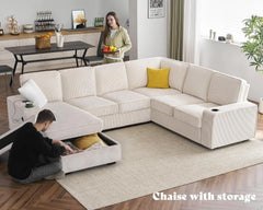 U Shaped Sofa, 7 Seater Sofa with USB Ports, Sectional Sofa Couch with Storage Chaise, Corduroy Beige