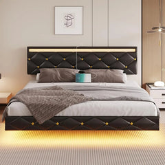 Floating Bed Frame King Size with Led Lights and USB Ports,Faux Leather Platform King Bed Frame with Headboard Easy To Assemble