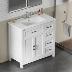 30-Inch Bathroom Vanity Cabinet with Ceramic Sink Modern White Storage Unit with Soft-Close Drawers Water-Resistant Wood Base