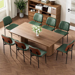 Dining Chairs Set of 8 Mid-Century Modern Upholstered PU Leather Chairs with Walnut Bentwood Back Dark Green Shell Strips