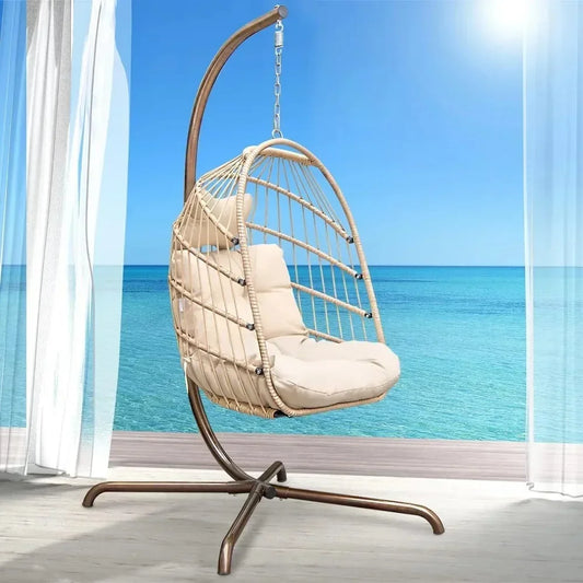 Egg Chair,with Stand Outdoor Swinging Egg Chair with Water Resistant Cushions PE Rattan Wicker Egg Chair Foldable Basket