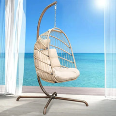 Egg Chair,with Stand Outdoor Swinging Egg Chair with Water Resistant Cushions PE Rattan Wicker Egg Chair Foldable Basket