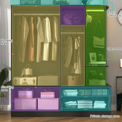 5 Doors Armoire Wardrobe Closet with Sensor Lamp and Mirror, 2 Drawers, 4 Hooks, 2 Hanging Rods, Large Wooden Armoire Closet