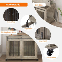 Dog Crate, End Table with Wheels and Flip Top Plate Dog House with Detachable Divider and Sliding Barn Door, Dog Crate