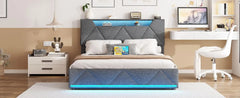 Full Size Bed Frame w Storage Headboard and 4 Drawer,Upholstered Platform w Charging Station and Led Lights,Adjustable Headboard