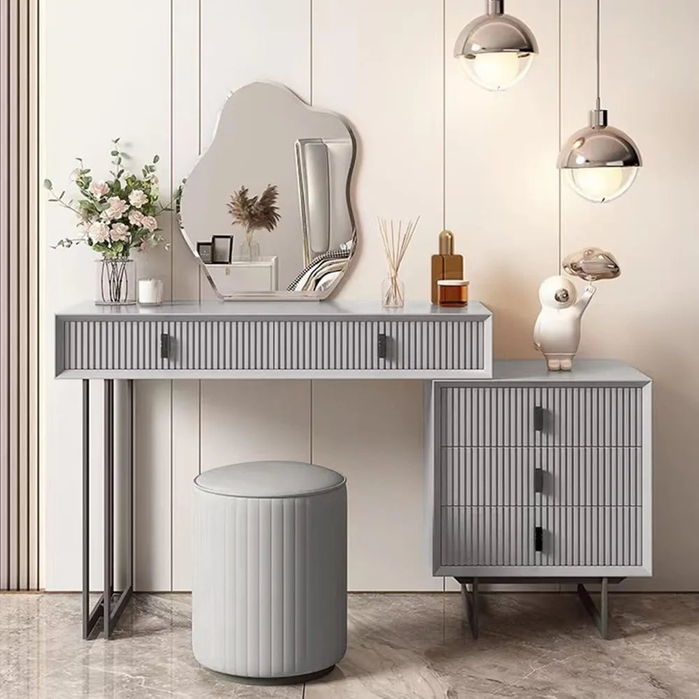 Gray Makeup Vanity Desk Set with Drawers, Modern Makeup Dressing Table Bedroom Vanity Sets Storage Dresser Furniture Set Grey