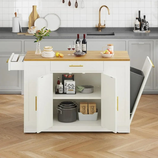 53 Inch Large Rolling Kitchen Island with Trash Can Storage Cabinet, Portable Mobile Islands Table Long Floating Movable