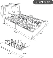 Bed Frame, Adjustable Headboard with LED Lights and 4 Stoarge Drawers, Upholstered Platform Bed with Charging Station, Bed Frame