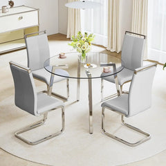 Dining Table, Round Glass, Tempered Glass Top and 4 Chairs with Seat and Sturdy Chrome Legs, 5-Piece Dining Table Set