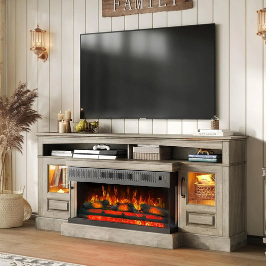 Fireplace TV Stand for TVs Up to 80 inch,70" with 36 inch 3-Sided Electric Fireplace,20 Flame Colors,Open Storage and 2 Cabinets