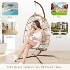 Egg Chair,with Stand Outdoor Swinging Egg Chair with Water Resistant Cushions PE Rattan Wicker Egg Chair Foldable Basket