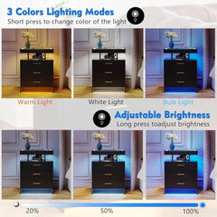 2 Set Nightstands with Wireless Charging Station, Auto Sensor 3 Color Dimmable LED Night Stand with 3 Drawers&3Open Compartments