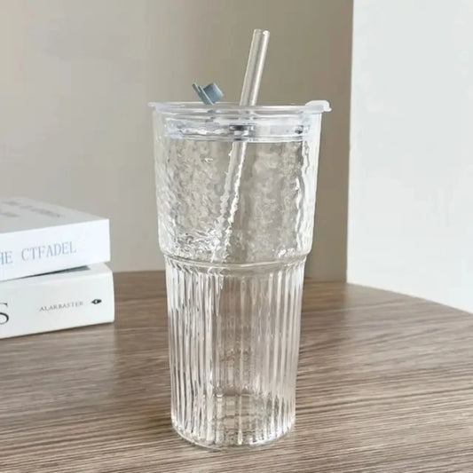 600ml Stripe Glass Cup Transparent Glasses With Lid and Straw Drinking Glasses Coffee Mug Juice Milk Tea Water Cups Drinkware