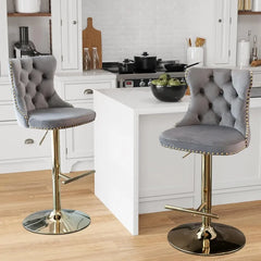 Bar Stools Set of 2,Adjustable Barstools with Back Velvet Tufted Counter Stool Modern Upholstered Bar Chairs with Nailhead